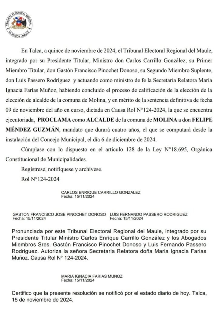 Felipe Méndez recibe resolución que lo ratifica como alcalde de Molina 2 WhatsApp Image 2024 11 28 at 17.33.13 1