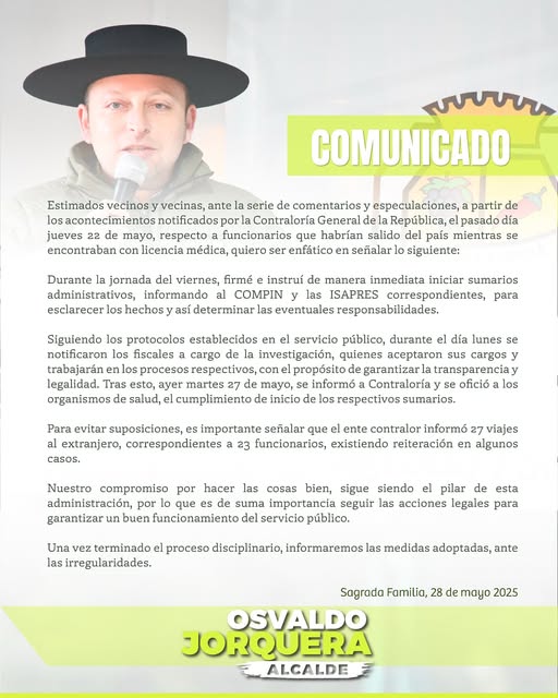 Alcalde de Sagrada Familia ordena sumarios por funcionarios que viajaron al extranjero con licencia médica 2 500405581 17906838876170072 4557444778447784296 n