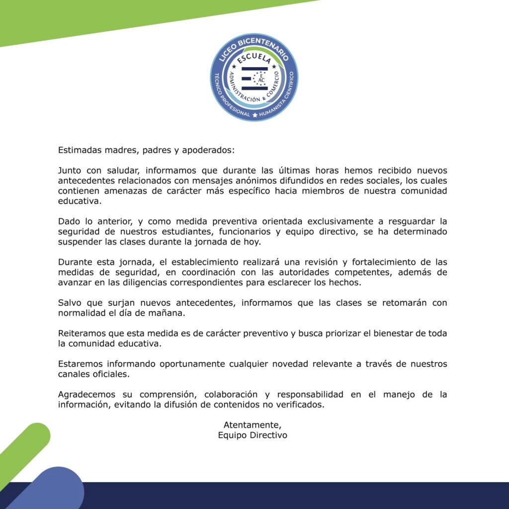 Liceo Bicentenario TP/HC suspende clases por amenazas anónimas en redes sociales 2 imagen
